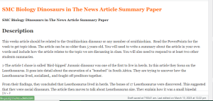 SMC Biology Dinosaurs in The News Article Summary Paper