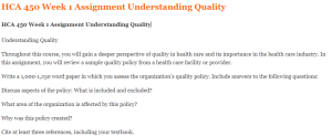 HCA 450 Week 1 Assignment Understanding Quality