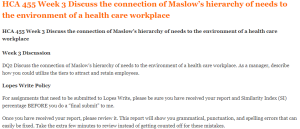 HCA 455 Week 3 Discuss the connection of Maslow’s hierarchy of needs to the environment of a health care workplace