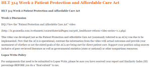HLT 314 Week 2 Patient Protection and Affordable Care Act