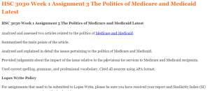 HSC 3030 Week 1 Assignment 3 The Politics of Medicare and Medicaid Latest