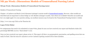 NR 391 Week 1 Discussion1 Models of Transcultural Nursing Latest