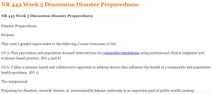 NR 443 Week 5 Discussion Disaster Preparedness