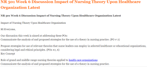 NR 501 Week 6 Discussion Impact of Nursing Theory Upon Healthcare Organization Latest