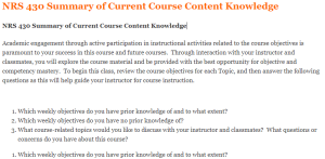 NRS 430 Summary of Current Course Content Knowledge