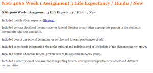 NSG 4066 Week 1 Assignment 3 Life Expectancy  Hindu  New