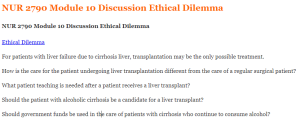 NUR 2790 Module 10 Discussion Ethical Dilemma