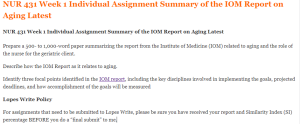 NUR 431 Week 1 Individual Assignment Summary of the IOM Report on Aging Latest