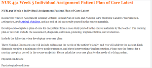 NUR 431 Week 5 Individual Assignment Patient Plan of Care Latest