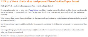 NUR 473 Week 1 Individual Assignment Plan of Action Paper Latest