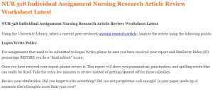 NUR 518 Individual Assignment Nursing Research Article Review Worksheet Latest