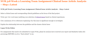 NUR 518 Week 2 Learning Team Assignment Clinical Issue Article Analysis – Step 1 Latest