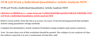 NUR 518 Week 3 Individual Quantitative Article Analysis NEW