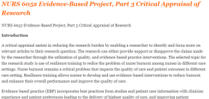 NURS 6052 Evidence-Based Project, Part 3 Critical Appraisal of Research