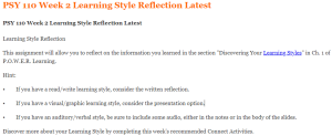 PSY 110 Week 2 Learning Style Reflection Latest