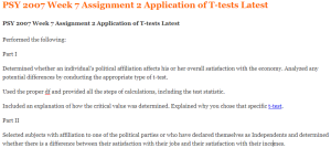 PSY 2007 Week 7 Assignment 2 Application of T-tests Latest