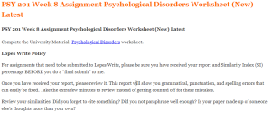 PSY 201 Week 8 Assignment Psychological Disorders Worksheet (New) Latest