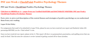 PSY 220 Week 1 CheckPoint Positive Psychology Themes