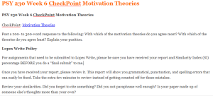 PSY 230 Week 6 CheckPoint Motivation Theories