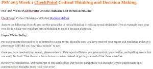 PSY 265 Week 1 CheckPoint Critical Thinking and Decision Making