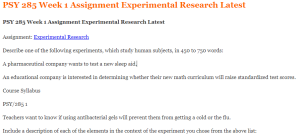 PSY 285 Week 1 Assignment Experimental Research Latest