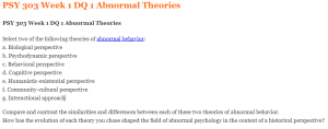 PSY 303 Week 1 DQ 1 Abnormal Theories