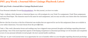 PSY 303 Week 1 Journal Silver Linings Playbook Latest