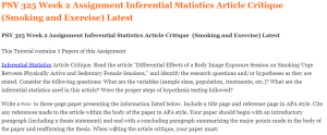 PSY 325 Week 2 Assignment Inferential Statistics Article Critique  (Smoking and Exercise) Latest