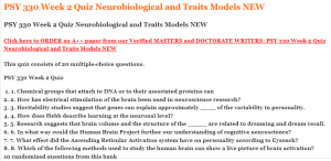 PSY 330 Week 2 Quiz Neurobiological and Traits Models NEW