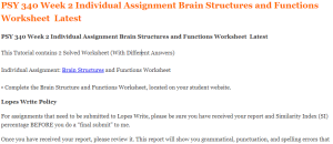 PSY 340 Week 2 Individual Assignment Brain Structures and Functions Worksheet  Latest