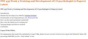 PSY 435 Week 3 Training and Development of I O psychologist (2 Papers) Latest