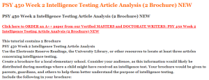 PSY 450 Week 2 Intelligence Testing Article Analysis (2 Brochure) NEW