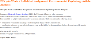 PSY 460 Week 2 Individual Assignment Environmental Psychology Article Analysis