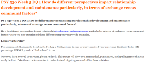 PSY 530 Week 5 DQ 1 How do different perspectives impact relationship development and maintenance particularly, in terms of exchange versus communal factors