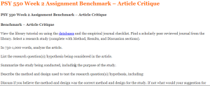 PSY 550 Week 2 Assignment Benchmark – Article Critique