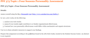 PSY 575 Topic 1 Four Seasons Personality Assessment