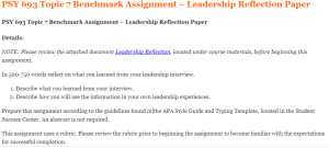 PSY 693 Topic 7 Benchmark Assignment – Leadership Reflection Paper