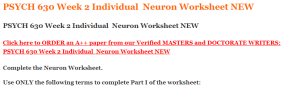 PSYCH 630 Week 2 Individual  Neuron Worksheet NEW