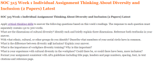 SOC 315 Week 1 Individual Assignment Thinking About Diversity and Inclusion (2 Papers) Latest