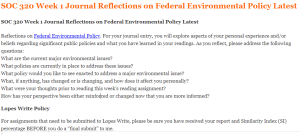 SOC 320 Week 1 Journal Reflections on Federal Environmental Policy Latest