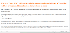 SOC 372 Topic 8 DQ 2 Identify and discuss the various divisions of the child welfare system and the role of social workers in each