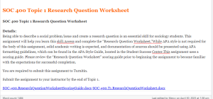 SOC 400 Topic 1 Research Question Worksheet