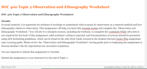 SOC 400 Topic 2 Observation and Ethnography Worksheet