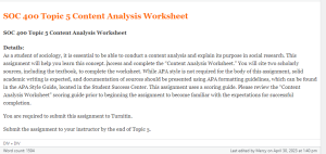 SOC 400 Topic 5 Content Analysis Worksheet