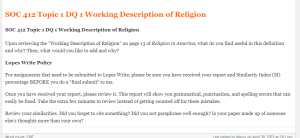 SOC 412 Topic 1 DQ 1 Working Description of Religion