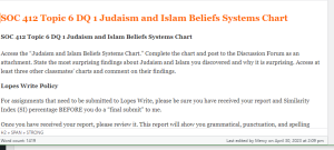 SOC 412 Topic 6 DQ 1 Judaism and Islam Beliefs Systems Chart