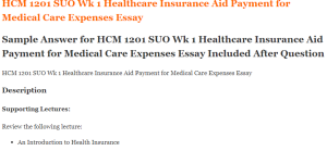 HCM 1201 SUO Wk 1 Healthcare Insurance Aid Payment for Medical Care Expenses Essay