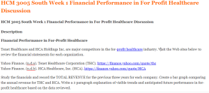 HCM 3005 South Week 1 Financial Performance in For Profit Healthcare Discussion