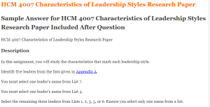 HCM 4007 Characteristics of Leadership Styles Research Paper