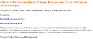 NSG 5002 SU Nursing Theory Critique Transcultural Theory of Nursing Research Paper